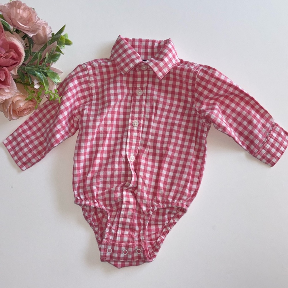Pink and white gingham Button Down Shirt Bodysuit 0-3 Months Pink Easter Baby
